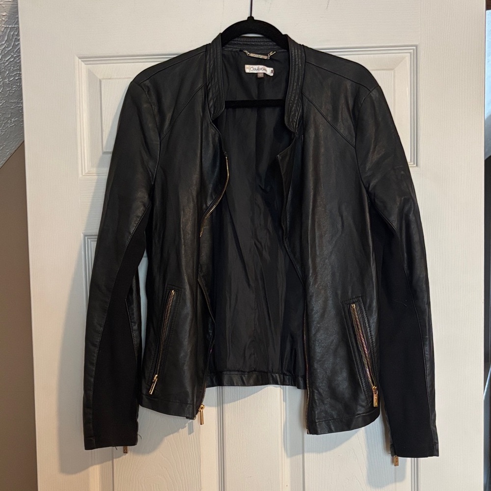 Calvin Klein Black Faux Leather Jacket with Gold Accents
